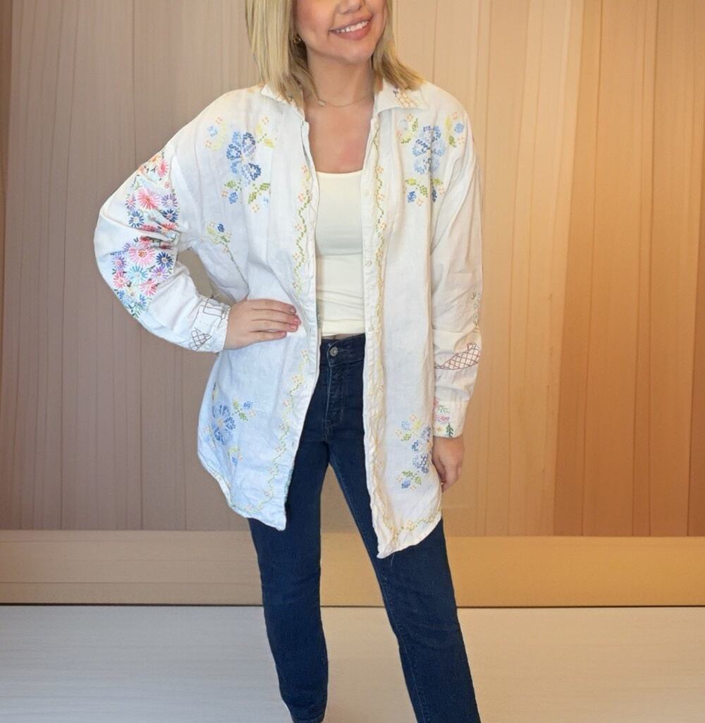 Vintage Y2K Tarra By Stephanie La Rue Linen Embroidered Artsy Jacket Shirt O/S